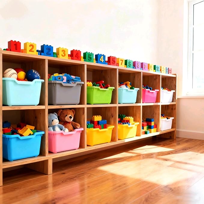24 Pack Plastic Cubby Bins, Stackable Storage Bins with Adhesive Label Toy Book Organizer Baskets for Classroom, Library, Playroom, Home & Office Organization (Twelve Colors)