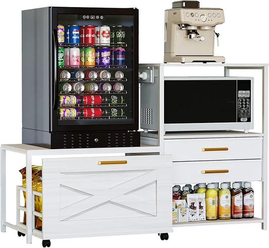 Mini Fridge Stand with Storage, Farmhouse Fridge Cabinet with Power Outlet & Movable Drawers, Microwave Oven Stand with Wheels, Kitchen Bakers Rack for Home Bar Office, White