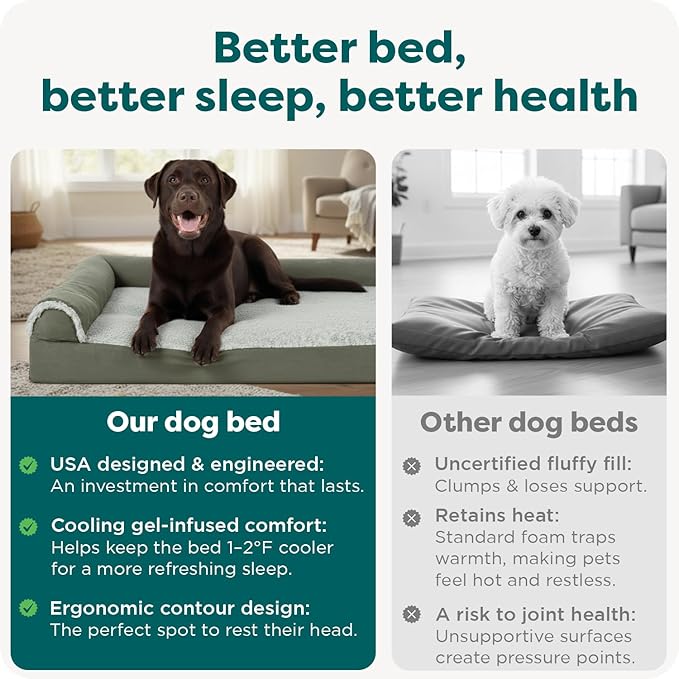FurHaven Cooling Gel Dog Bed for Large Dogs, L-Shaped Chaise with Cool Gel-Top Foam & Solid Orthopedic Foam Base for Joint Support, Washable Cover, Jumbo/XL, Plush Faux Fur & Suede, Dark Sage