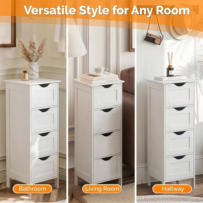 VINGLI White Bathroom Storage Cabinet with 4 Drawers Wooden Freestanding Slim Bathroom Floor Cabinet Small Side Organizer Storage Unit for Restroom Livng Room Kitchen Office Hallway Entryway