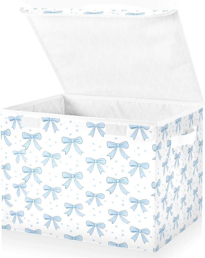 Blue Bows Fabric Storage Bin with Lid, Collapsible Basket with Handles, Shelf Cube Closet Organizer for Home and Bedroom