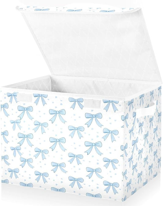 Blue Bows Fabric Storage Bin with Lid, Collapsible Basket with Handles, Shelf Cube Closet Organizer for Home and Bedroom