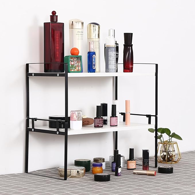 YGYQZ Desk Organizer Shelf，2 Tier Detachable Table Top Bookshelf, Freestanding Display Shelf for Office, Dormitory, Home,White+Black
