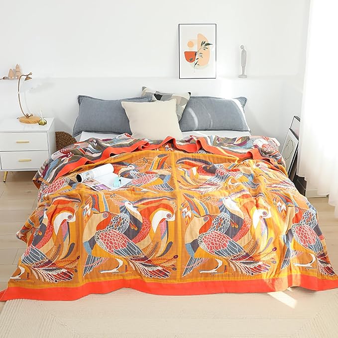 SANACYNA Muslin Throw Blanket Oriole Birds 100% Cotton 6-Layer Gauze Bed Blanket Lightweight Soft Breathable Blanket for Sofa Bed Coverlet Both Sides (B-Yellow Bird, 80 x 90 in)