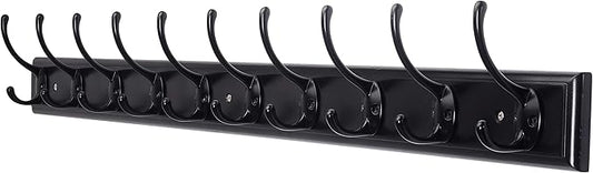 Dseap Coat Rack Wall Mounted: 10-Hooks, 38-1/4" Long, 16" Hole to Hole, Wood Coat Hooks Wall Mounted, Hook Rack, Hook Rail, Hooks for Hanging Coats, Black