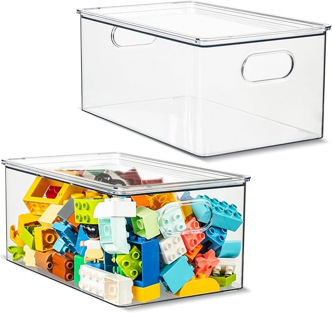 Plastic Clear Stackable Storage Bins with Lids. Great for Pantry or Kitchen Organization. Fridge Organization Containers. Cabinet, Bathroom Organizer. 2 Pack