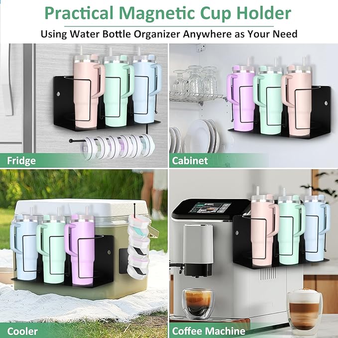 Magnetic Cup Holder for Fridge Water Bottle Organizer for Cabinet, Magnetic Cup Holder Heavy Duty with Tumbler Lid Organizer for 20oz 30oz 40oz Cup Accessories Storage (Black)