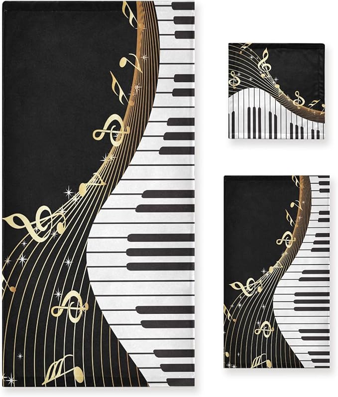 3 Piece Black White Gold Music Theme Bath Towel Set,Microfiber Golden Musical Notes Piano Instrument Decorative Guest Bathroom Towels,1 Bath Towel 1 Hand Towel for Kitchen,1 Washcloth for Face