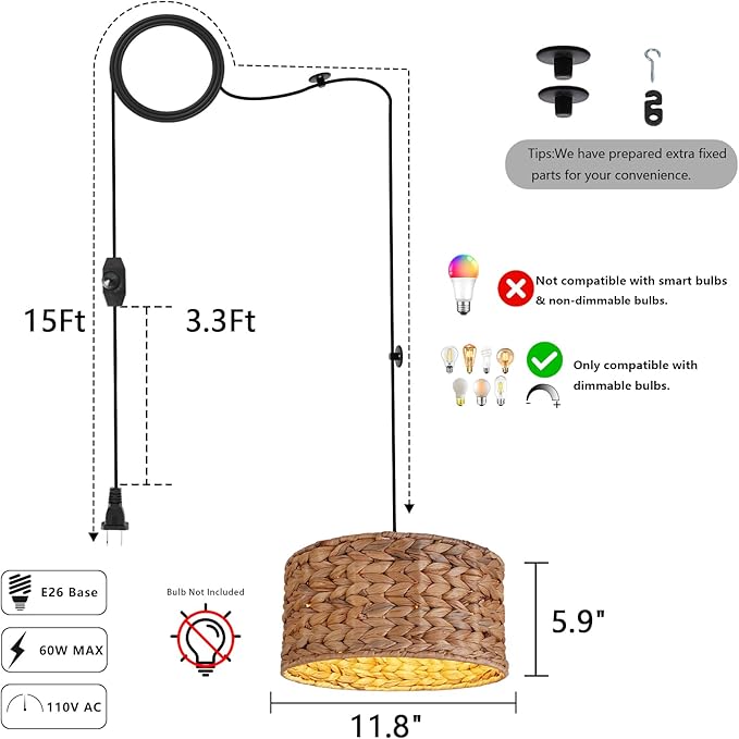 HuisMier Rattan Plug in Pendant Light with 15 Ft Plug in Cord, Wicker Woven Lampshade Hanging Lamp with Dimmable Switch, Plug in Boho Hangiing Light Fixture for Kitchen Island Bedroom Dinning Room
