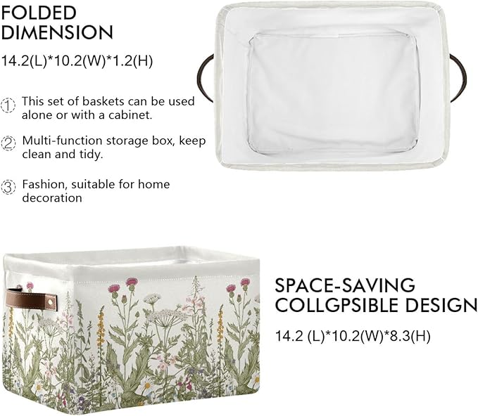 Herbs Storage Basket Bin for Shelves Closet Botanical Foldable Fabric Storage Box Cube with Handles Kids Gifts Toys Cloth Shelf Basket Organizer for Bedroom Nursery Home Decorative