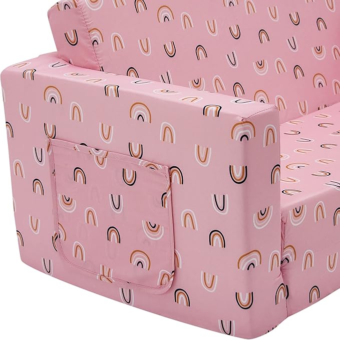 Ulax furniture Kids Fold Out Couch 2-in-1 Children Convertible Sofa to Lounger with Soft Plush Fabric(Pink Rainbow)
