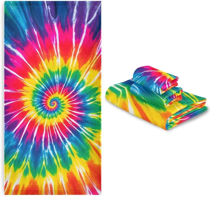 Tie Dye Towels Set of 3 Rainbow Hippie Colors Bathroom Towel Soft Absorbent Chic Abstract Swirl Bath Hand Towels Washcloth Guest Towel Sets Bathroom Decorations