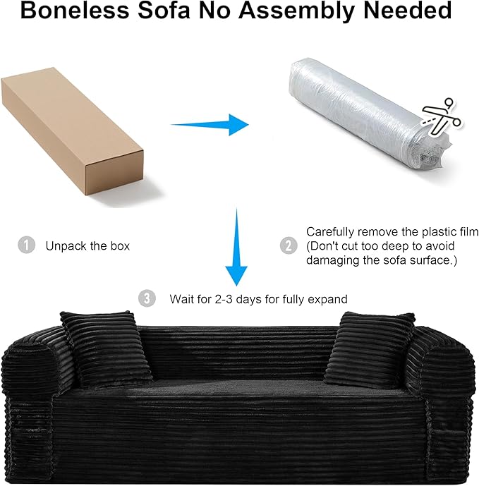 83'' Boneless Couch in A Box, No Assembly Needed Sofa Bed Couch 3 Seater Corduroy Modern Cloud Sofa 29'' Deep Seat with 2 Pillows & Removable Backrest for Living Room, Bedroom, Apartment, Black | No Assembly Needed, High Density Foam, Removable Backres...