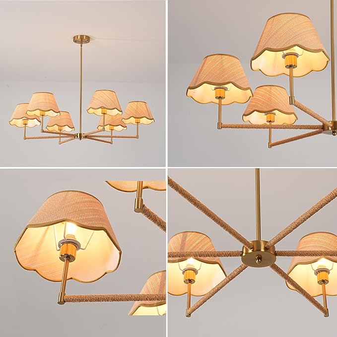 39" Adjustable Boho Rattan Chandelier - 6-Light Rustic Industrial Farmhouse Coastal Pendant Light Fixture for Kitchen Island, Dining & Living Room, Natural Wood Accents, UL Listed, E12 Base