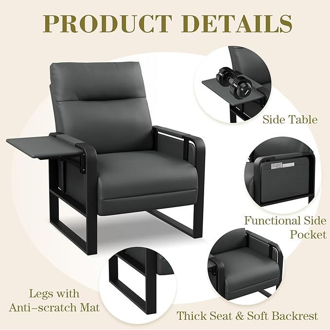 Modern Faux Leather Accent Chair Upholstered Armchair with Side Table for Bedroom Living Room Chairs Office Chair Grey Leisure Chair