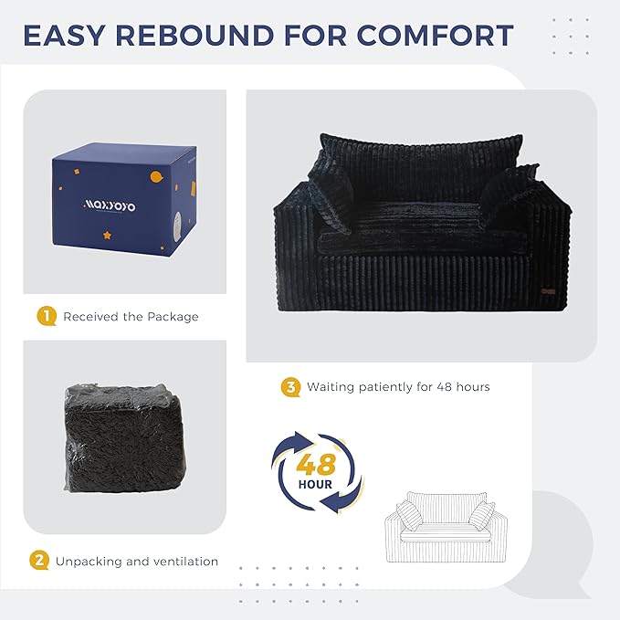 MAXYOYO 59" Bean Bag Sofa Couch, Loveseat Boneless Couch in a Box, Upholstered Small Mini Sofa with Deep Seating for Living Room Bedroom Office Apartment, No Assembly, Black