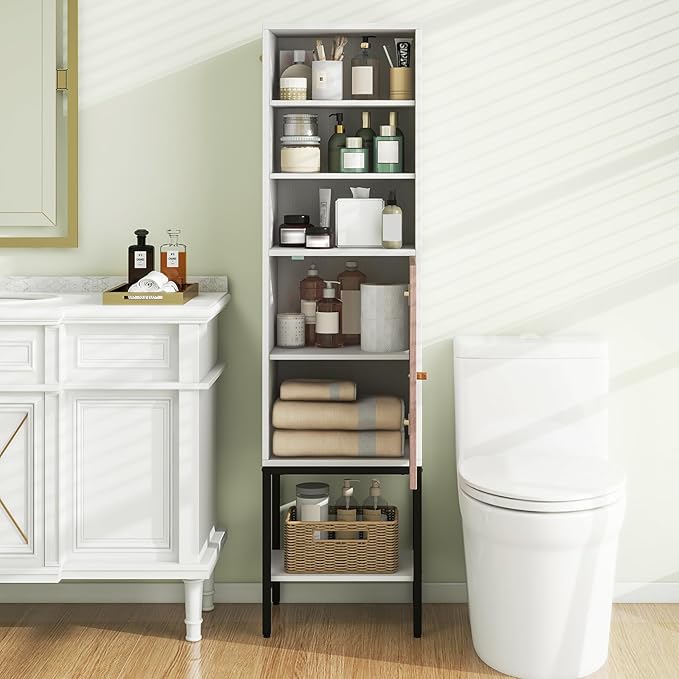 Tangkula Tall Bathroom Storage Cabinet with 1 Door and 4 Shelves, 57" H Narrow Floor Cabinet with Adjustable Shelves, Tall Slim Bathroom Cabinet for Living Room, Entryway, Kitchen (White)
