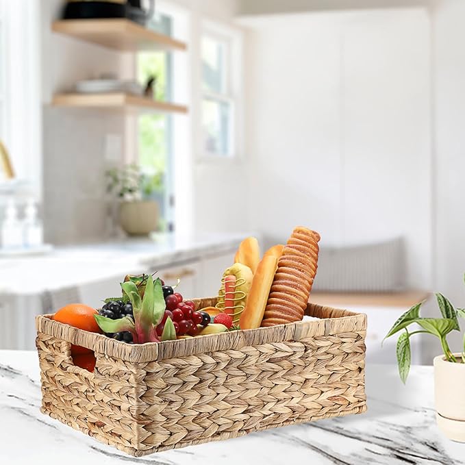 Wicker Basket for Shelf Natural Water Hyacinth Storage Baskets with Built-in Handles Rectangular Handwoven Basket Bin for Bathroom Kitchen Home Decor,X-Large