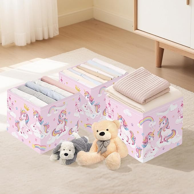 Clastyle 3 pcs Unicorn Cube Storage Unit Bin with Metal Frame Rainbow Kallax Box for Shelves Parents Closet Organizer Basket for Book Clothes Toy Organizer, Crown, 11.8x11.8x11.8 in