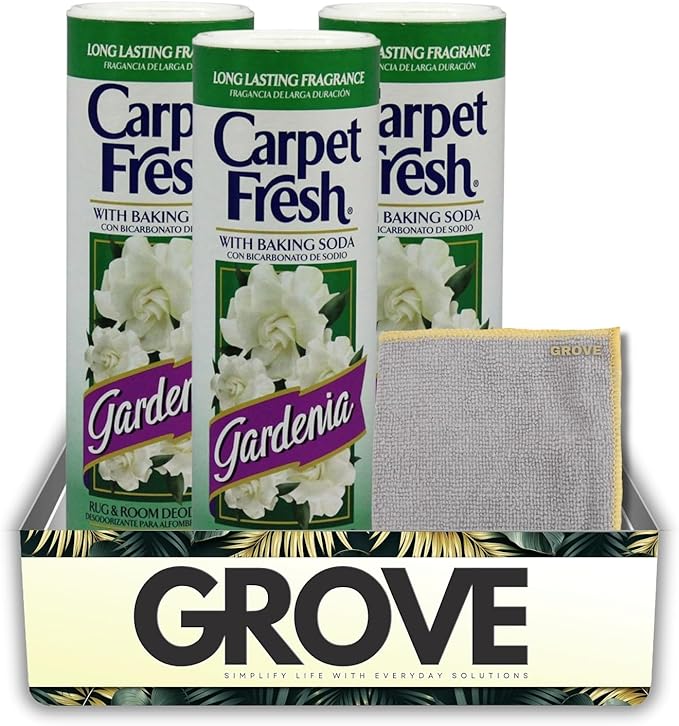 3x Carpet Fresh Gardenia Scent Carpet Odor Eliminator 14 oz Powder Bundle with Microfiber Cleaning Cloth – Eliminates Pet Odors, Provides Long-Lasting Fragrance – Gift Set (4 Items)