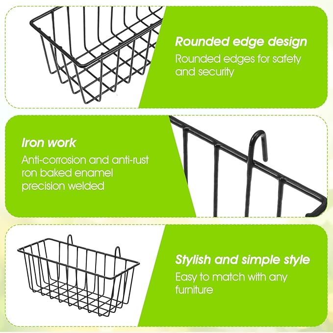 10 PCS Hanging Wire Baskets for Organizing - Hanging Metal Basket Storage with Wall Grid Panel, Rust-Resistant Iron for Kitchen Bathroom Home Decor (Black, 9x3.9x3 Inches)