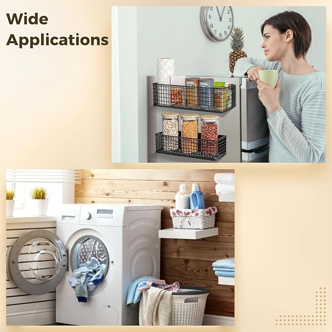 Strong Magnetic Shelf for Refrigerator - 2 Pcs Heavy Duty Metal Mesh Storage Basket Organizer,No Drill Spice Rack for Refrigerator Whiteboard Home Kitchen Office,2 Size