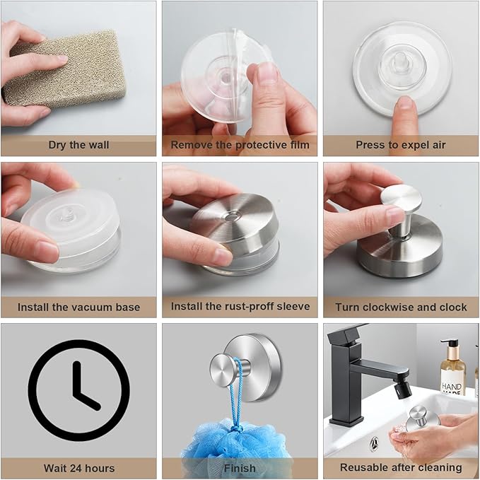 Herda Shower Hooks for Inside Shower, Reusable Stainless Steel Heavy Duty Suction Cup Hooks for Windows, Glass Door, Mirror, Tile, Waterproof Drill-Free Towel Hooks, Holds Up to 15 Lbs - 4 Pack, Black