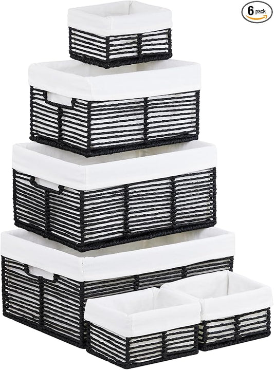 Vagusicc Wicker Storage Basket, 6 Pack Baskets for Organizing, Wicker Baskets with Handle, Rectangular Woven Basket for Storage Shelves, Cube Storage Bins for Closet/Clothes/Dresser, Black