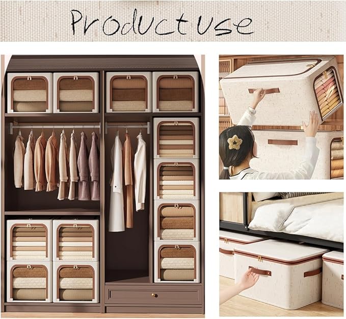 RZJZGZ 49L Clothes Storage Bins with Metal Frame, Foldable Linen Storage Boxes with Lids, Linen Fabric Storage Box with Lid Clear Window（Beige） (Large size)
