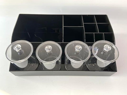Vtopmart 5 PCS Bathroom Countertop Organizer, 1 Divided Tray with 4 Qtip Holder Jars, Restroom Clear Organizers for Toothbrush, Cotton Pads Balls, Floss, Bathroom Vanity Accessories Storage Set, Black