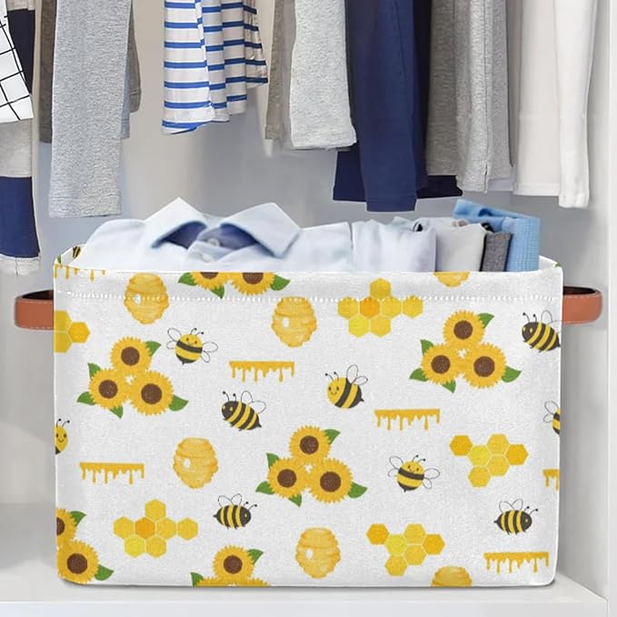 Rectangle Storage Baskets for Organizing - Foldable Storage Bin Cubes with Handles, Large Organizer Bins Boxes Toy Closet Shelf Nursery Laundry Basket, 1 Pcs(Bee Sunflower)
