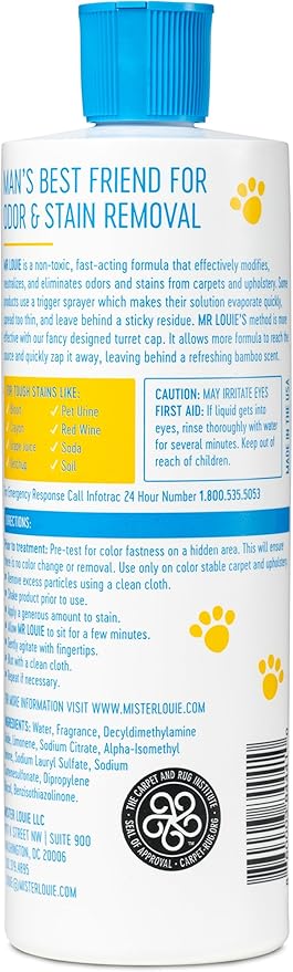 MR LOUIE Pet Stain & Odor Remover for Carpet & Upholstery - Precision Pour No-Spray Cleaner for Dog & Cat Urine, Vomit & Tough Stains - Safe for Kids & Pets (16oz)