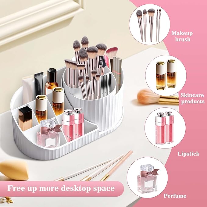 Makeup Organizer with Rotating Brush Holder Cosmetic Storage for Dresser Vanity and Bathroom Countertop Skincare Organizer for Vanity, Cosmetic Display Case for Lipstick, Skincare, Brushes, Eyeshadow