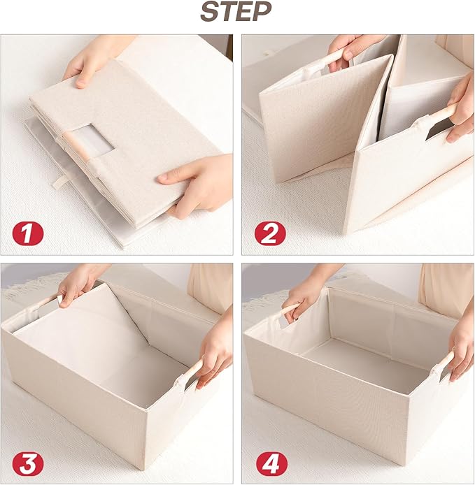 ANMINY 2PCS Storage Bins Set Foldable Cotton Linen Open Storage Baskets Box with Wood Handles Decorative Nursery Baby Kid Toy Clothes Towel Laundry Organizer Container Solid Color - Medium, Beige