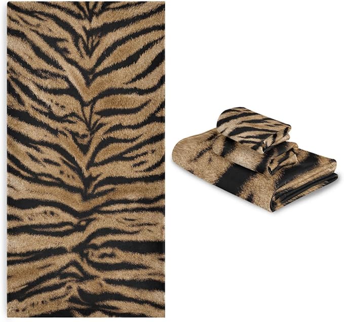 3 Piece Tiger Skin Print Bath Towel Set,Microfiber Absorbent Brown Black Striped Animal Tiger Decorative Bathroom Towels,1 Bath Towel 1 Hand Towel for Bathroom Kitchen,1 Washcloth for Face