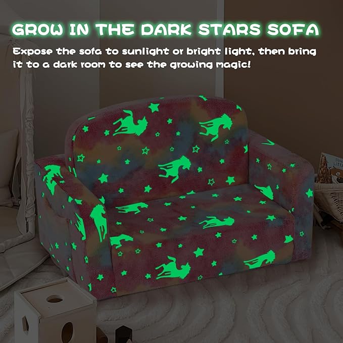 Extra Wide Kids Couch, Kids Sofa, Toddler Sofa, Glow in The Dark, 2-in-1 Soft Toddler Couch with Blanket and Pillow, Pink