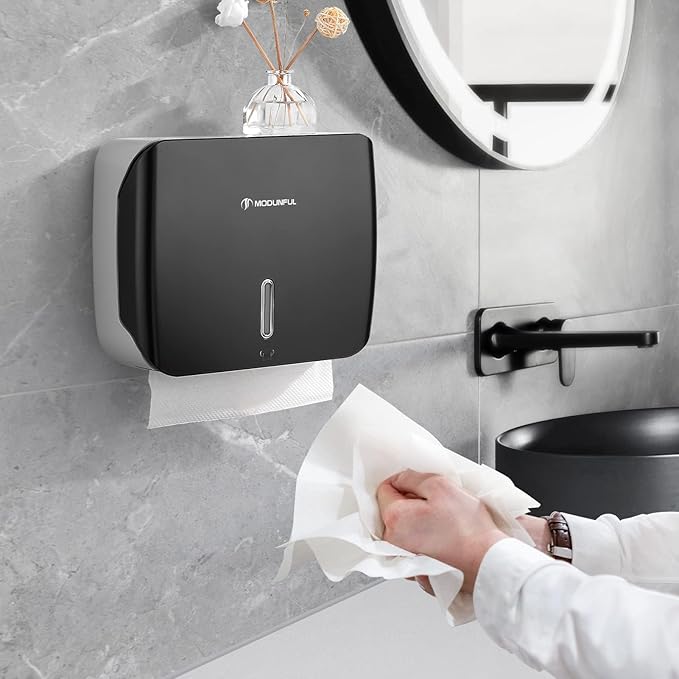 Paper Towel Holder Wall Mount - No-Drill Adhesive Multifold Paper Towel Dispenser for RV Bathrooms, Guest Suites & Compact Kitchens, Locking Commercial Design