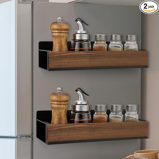 2 Pack Farmhouse Magnetic Spice Rack for Refrigerator Metal Magnet Basket Shelf for Fridge Seasoning Storage Organizers Home Decor Kitchen Accessories (Wooden Color)