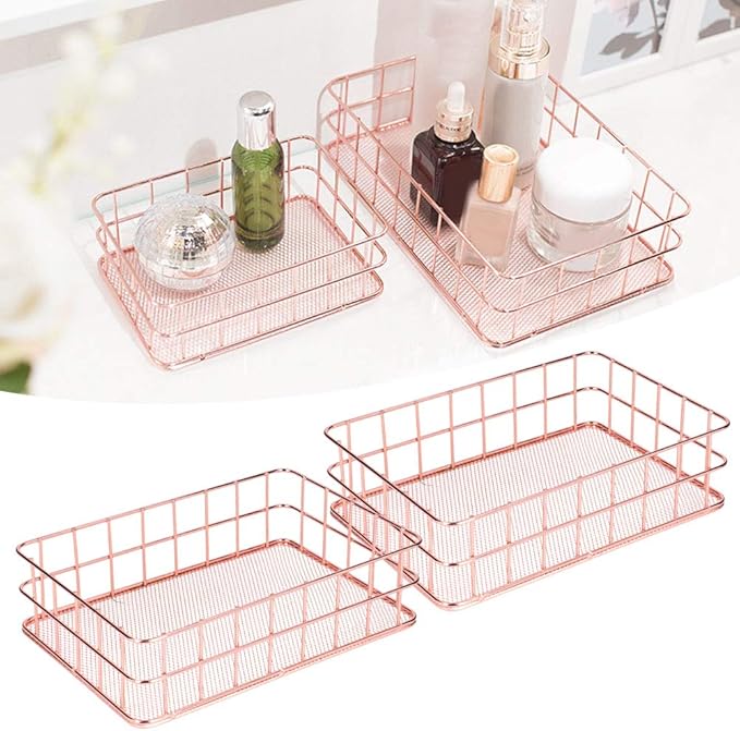 plplaaoo 2PCS Nordic Simple Rose Gold Wrought Iron Storage Basket Desktop Organizer Container Household Storage Organizer for Living Room Bathroom Office Durable Iron Material Stylish Decor (L)