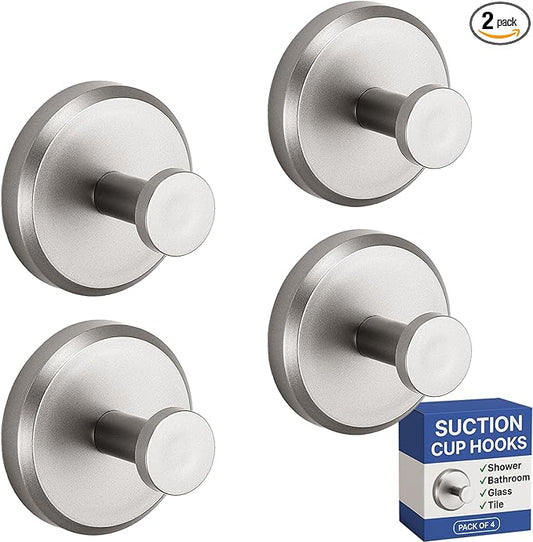 HOME SO Suction Cup Hooks for Shower, Bathroom, Kitchen, Glass Door, Mirror, Tile – Loofah, Towel, Coat, Bath Robe Hook Holder for Hanging up to 15 lbs – Polished Matte Chrome, Brushed Nickel (4-pack)