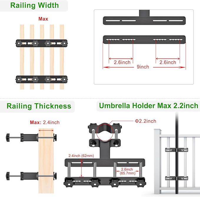 Dolibest Heavy Duty Patio Umbrella Holder - Steel Outdoor Umbrella Mount, Fully Welded for Stability, Adjustable Fit for Various Umbrella Sizes, Wide Railing Compatibility, Space-Saving Design, 2 Pack