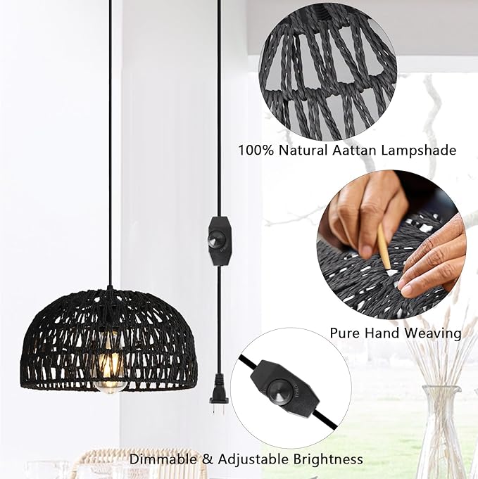 HuisMier Rattan Hanging Lamp Plug in Pendant Light, 15 Ft Hanging lamp with Wicker Woven Basket Lampshade, Dimmable Boho Hanging Lamp for Dining Room Living Room Bedroom, Black
