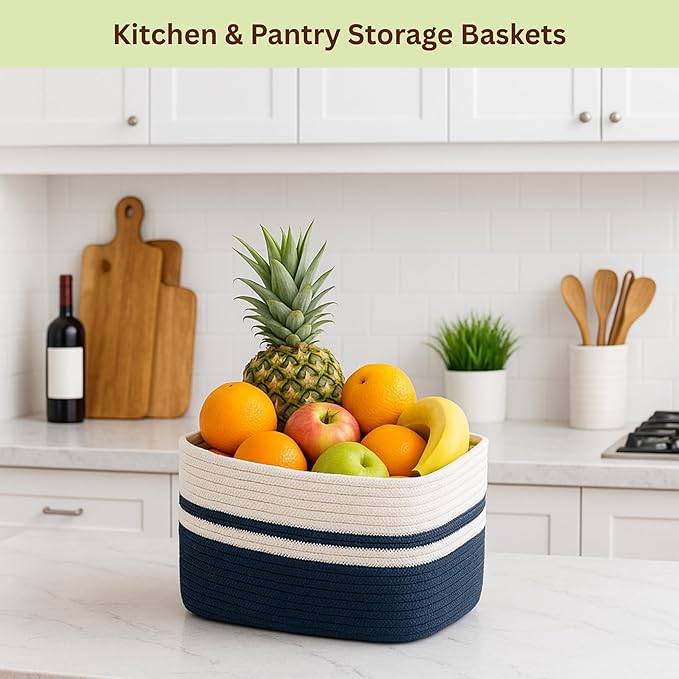 Cotton Rope Baskets for Organizing and Storage, Woven Decorative Baskets for Shelves, Books, Closets. Storage Bins for Living Room, Bedroom (Blue, 1 - Pack | Medium)