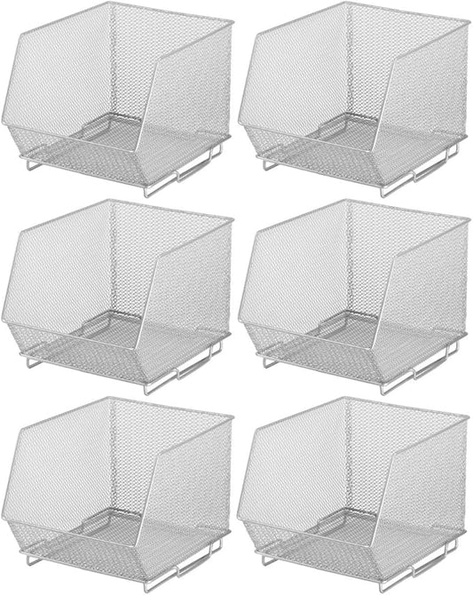YBM HOME Mesh Stacking Bin Storage Containers for Kitchen Pantry, Cabinet and Shelves, Metal Wire Basket Rack for Fruits and Veggies, Crafts, Toys & Cleaning Items - 6-Pack, Medium 10x8.5x8 Silver