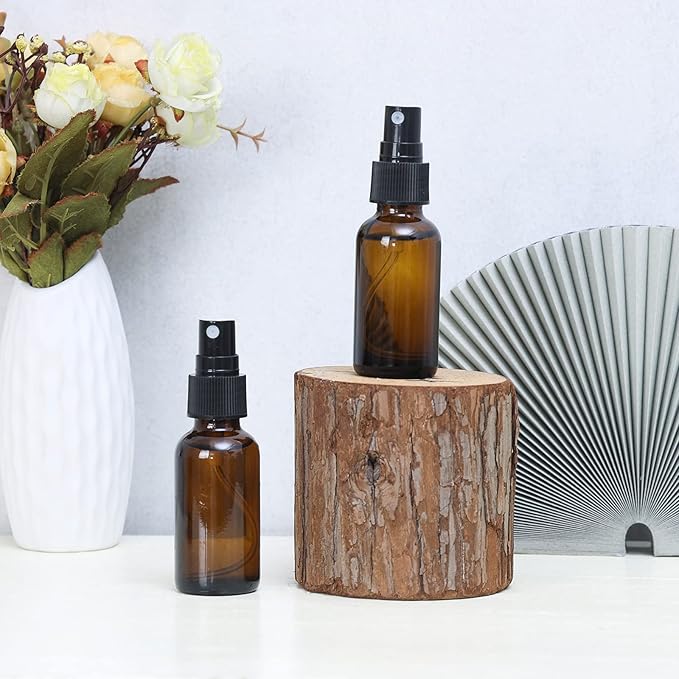2oz Glass Spray Bottle, Fine Mist Boston Glass Bottles with Black Fine Mist Sprayer Small Clear Bottles for Essential Oils, Bath, Beauty, Hair & Cleaning, Amber, Pack of 48