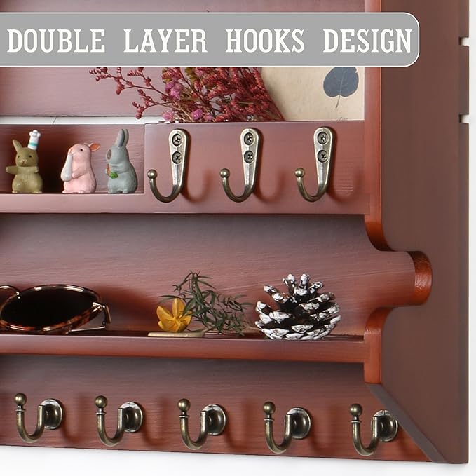 Handcrafted Solid Wood Key Holder for Wall - Artisan Hand-Sprayed Finish & Smooth Edges - Decorative Entryway Organizer, Rustic Wall Mount Key Holder for Home Decor, Sturdy, Auburn
