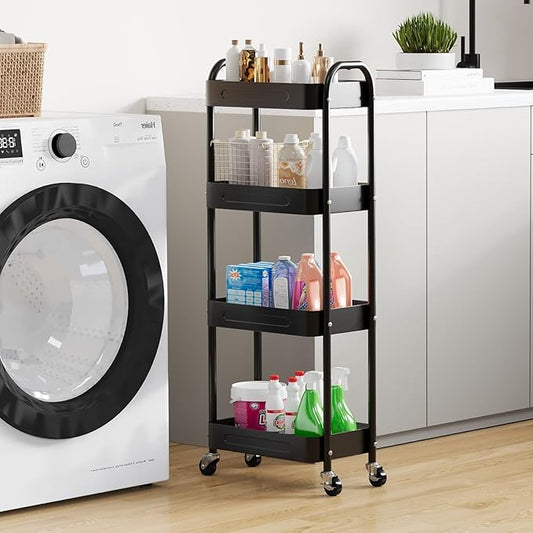 4 Tier Slim Storage Cart with Wheels for Laundry Room Between Washer and Dryer, 7.1'' Narrow Rolling Cart with Wheels and Lockable Casters, Metal Thin Standing Shelf for Small Space, Black