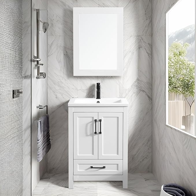 eclife 24" Bathroom Vanities with Sink Combo, Modern Thickened Wood Bathroom Storage Cabinet w/Undermount Sink, Matte Black Faucet Drain, Painted Surface, White