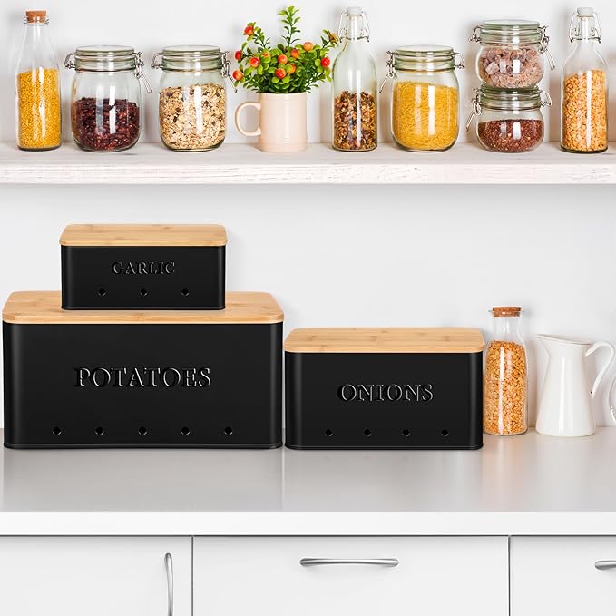Honeydak 3 PCS Potato Onion Garlic Storage Bins Set, Metal Vegetable Keeper Containers with Lids Aerating Holes for Kitchen Counter Pantry Keep Fresh Longer Farmhouse for Sweet-potato Fruit(Black)