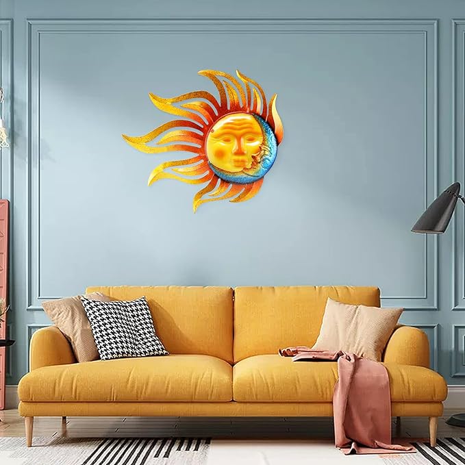 Metal Sun Wall Decor Outdoor Garden Fence Art Sun Moon Wall Art Hanging Lndoor Living Room Yard Home Wall Sculpture